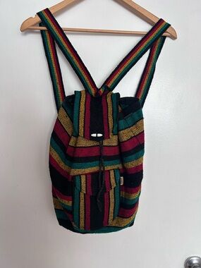 Boho Rasta Stripe Woven Backpack Drawstring Festival Bag Unisex